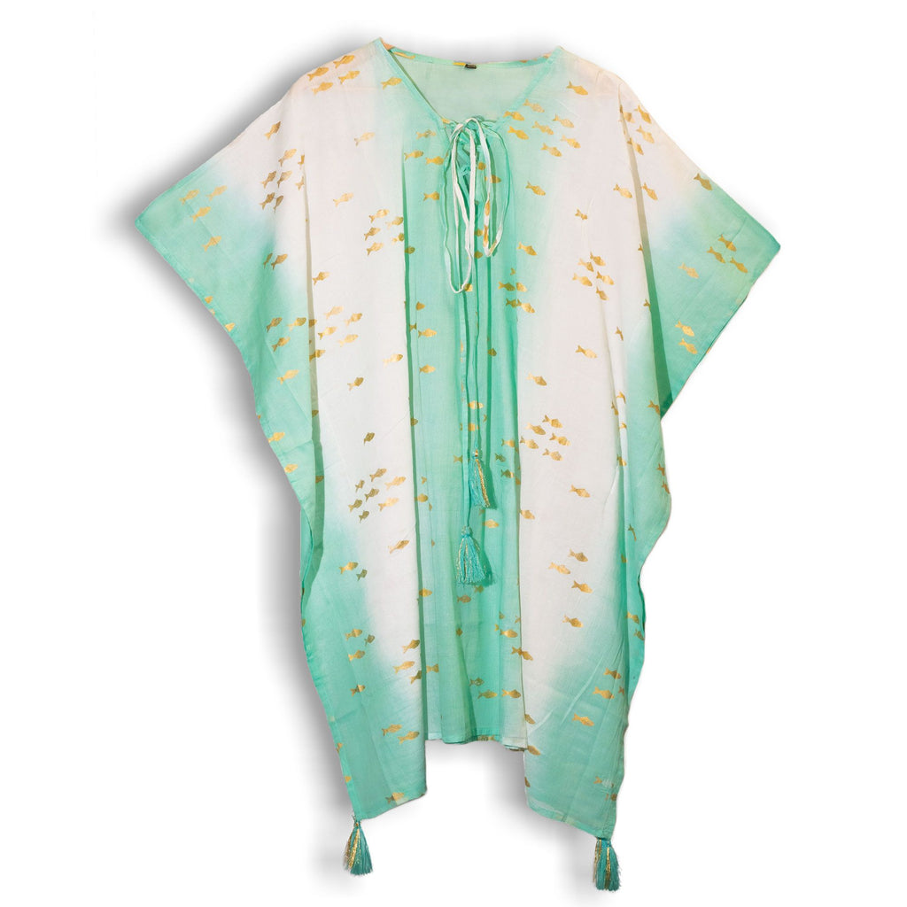 Nomad Sari Kaftan in White and Turquoise with Gold Fish Print