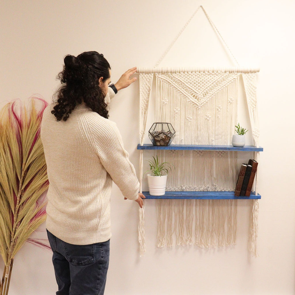 Natural Macrame Hanging Shelves in Blue for Stylish Home Display