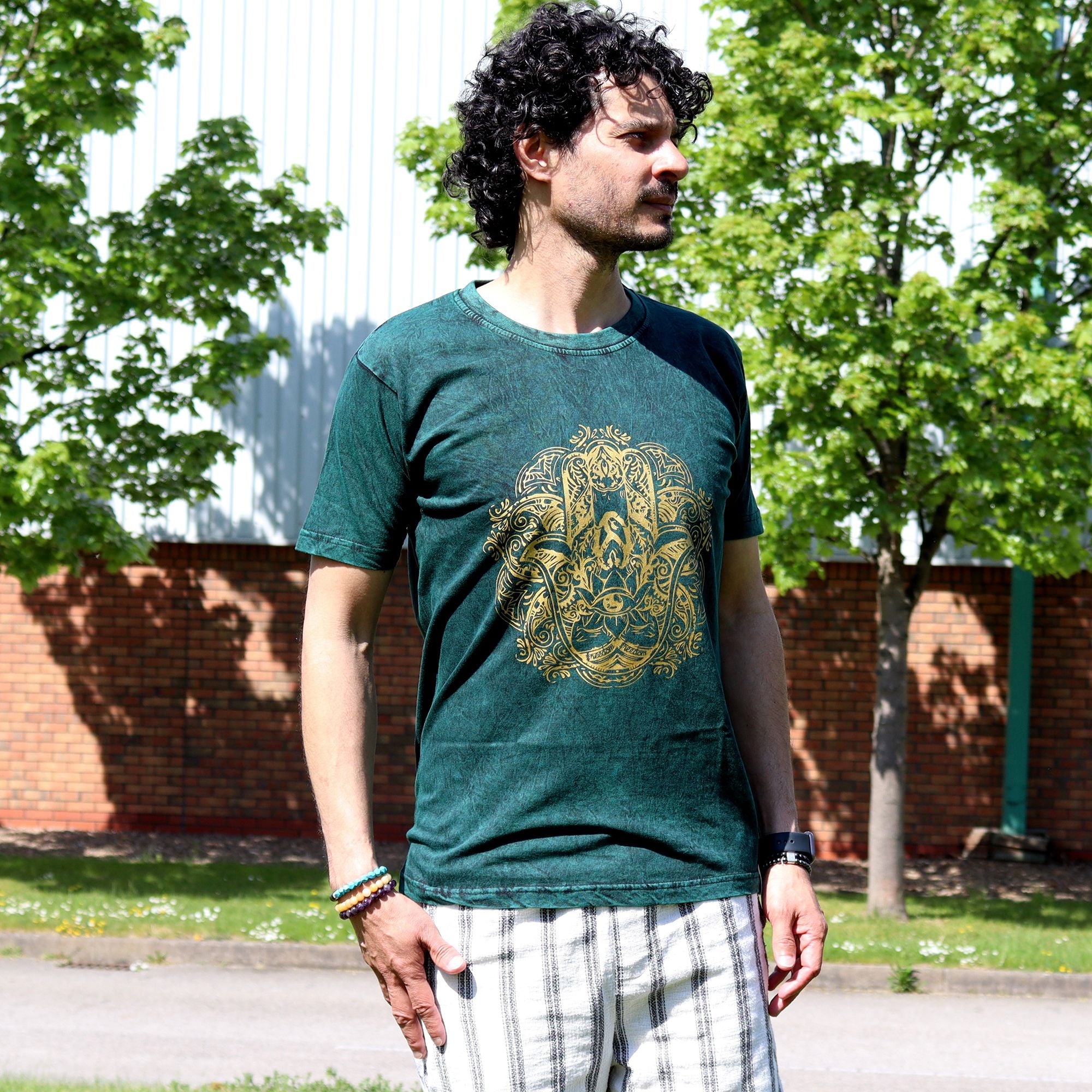 Nomad Sari Stonewashed Cotton T Shirt with Hamsa Design Green