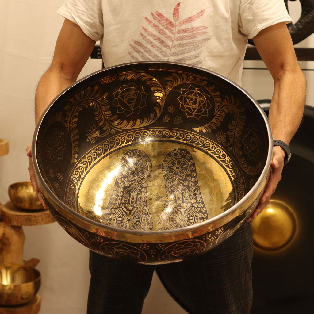 Engraved Huge Vibrational Feet Standing Bowl for Sound Therapy Use