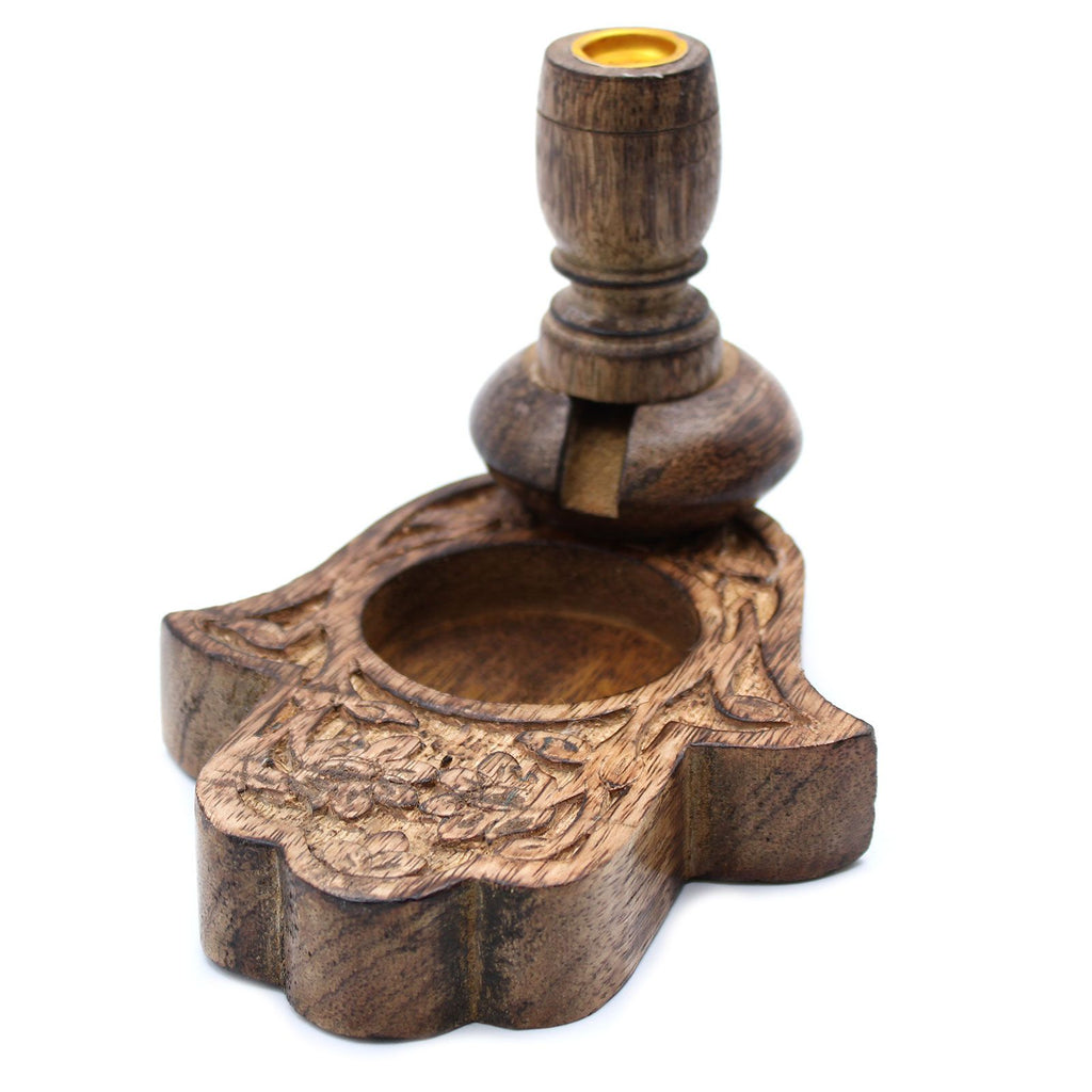 Small Mango Wood Backflow Burner Hamsa with Intricate Design Details