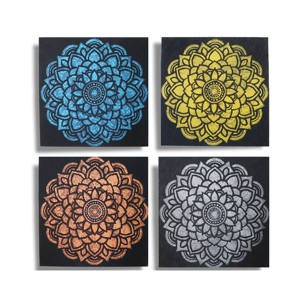 Set of 4 Mandala Brocade Detail Buddha Paintings 30x30cm Each