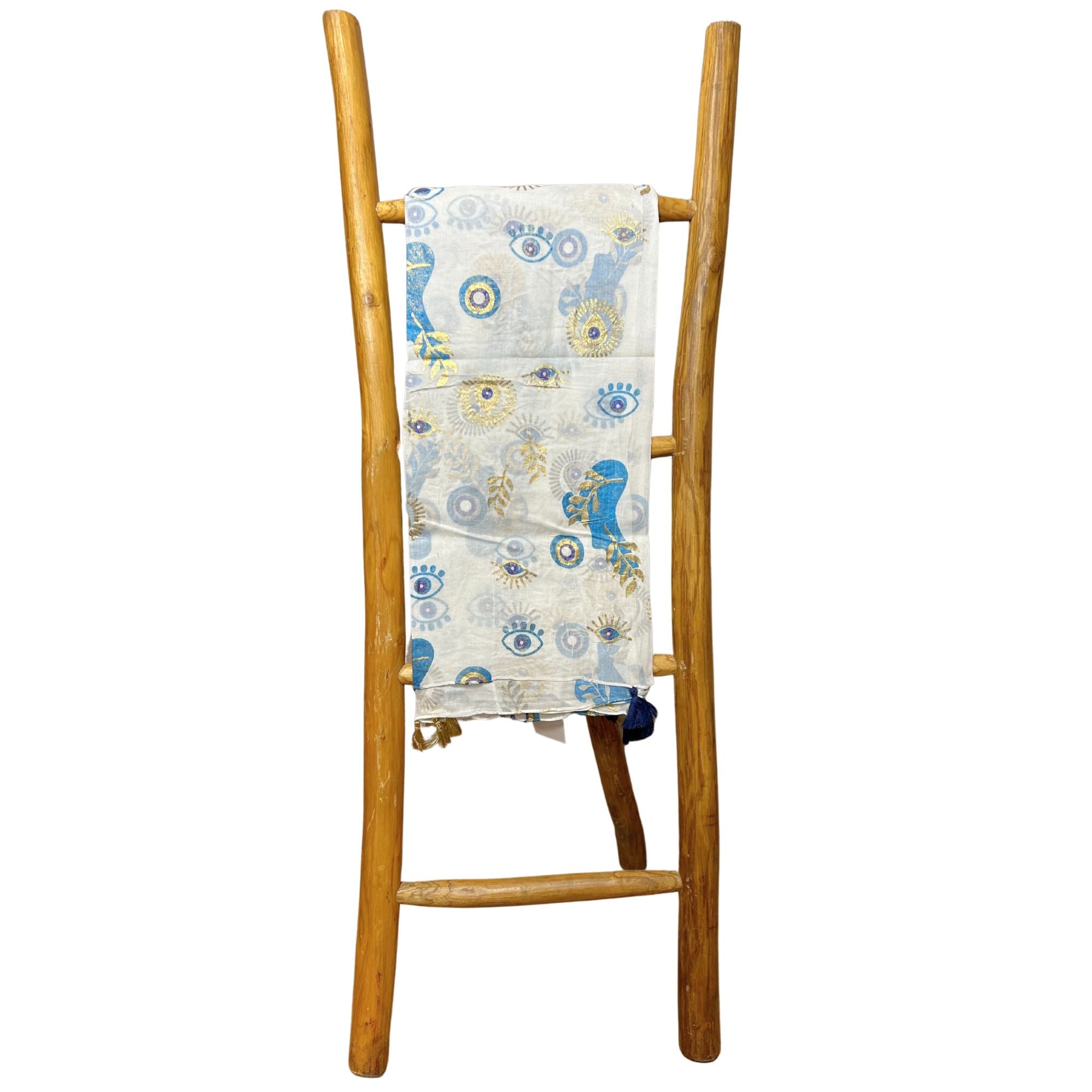 Nomad Sari Pareo in White Blue Gold Evil Eye Print for Summer Style