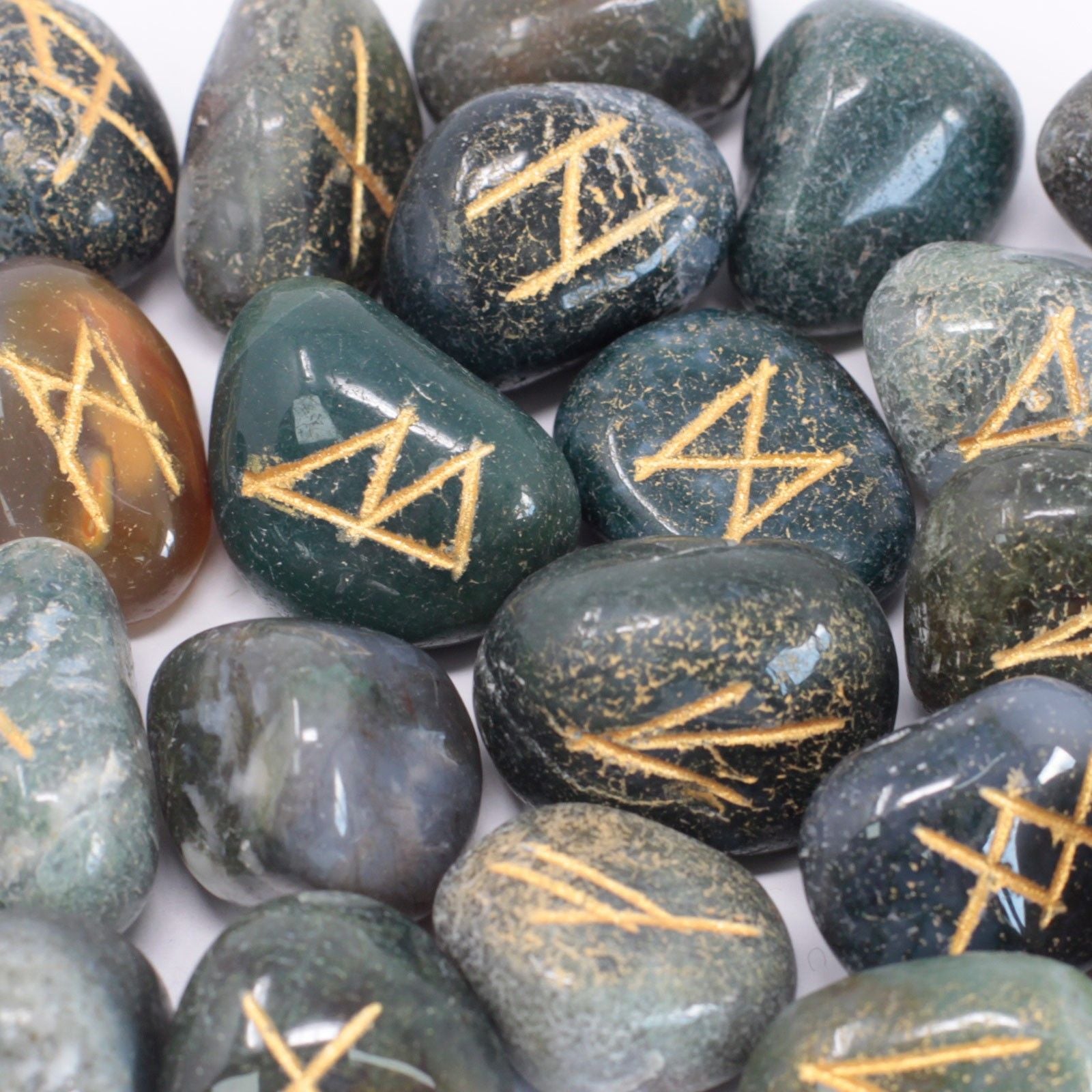 Moss Agate Runes Stone Set in Pouch for Divination and Decor