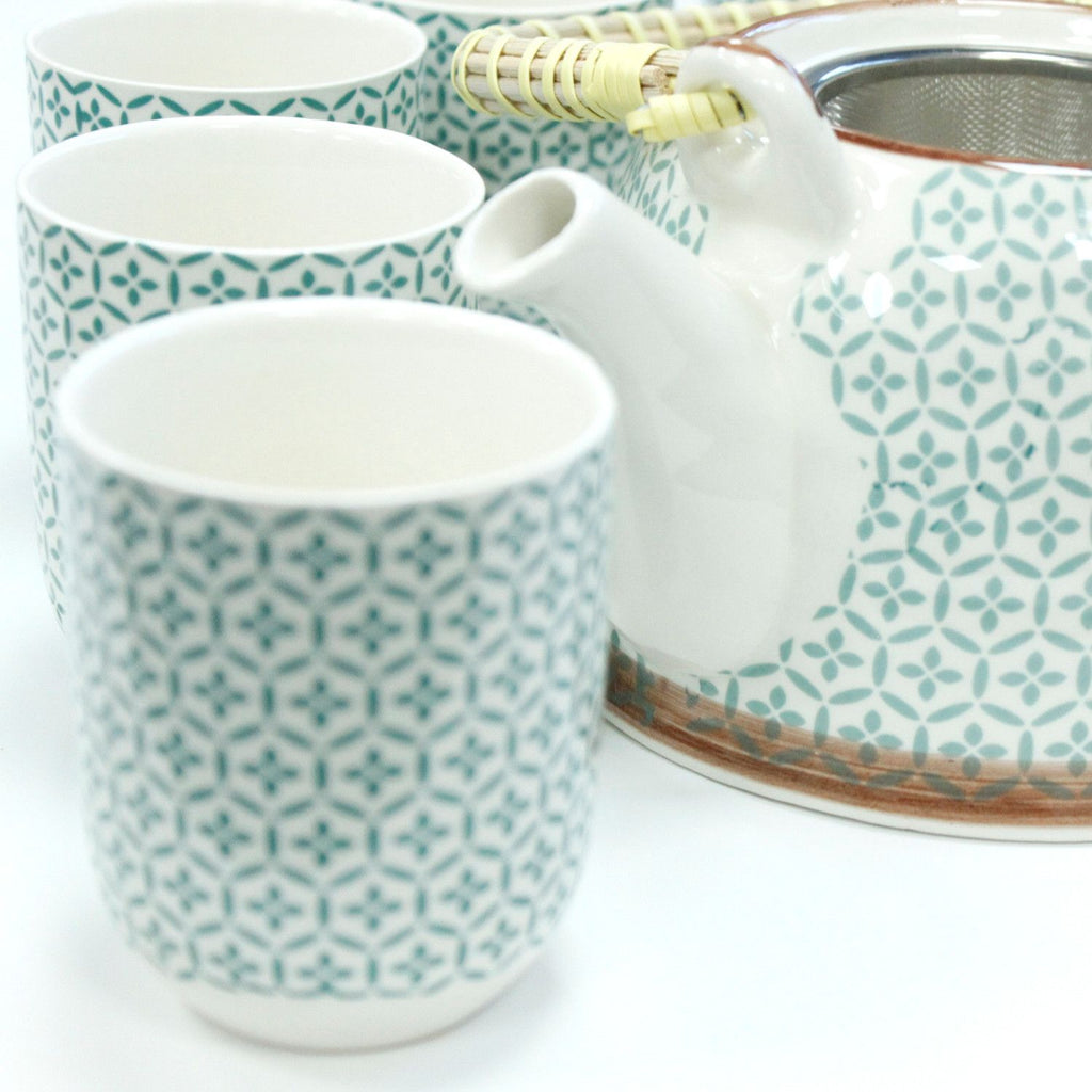 Herbal Teapot Set Green Mosaic with Matching Cups for Tea Lovers