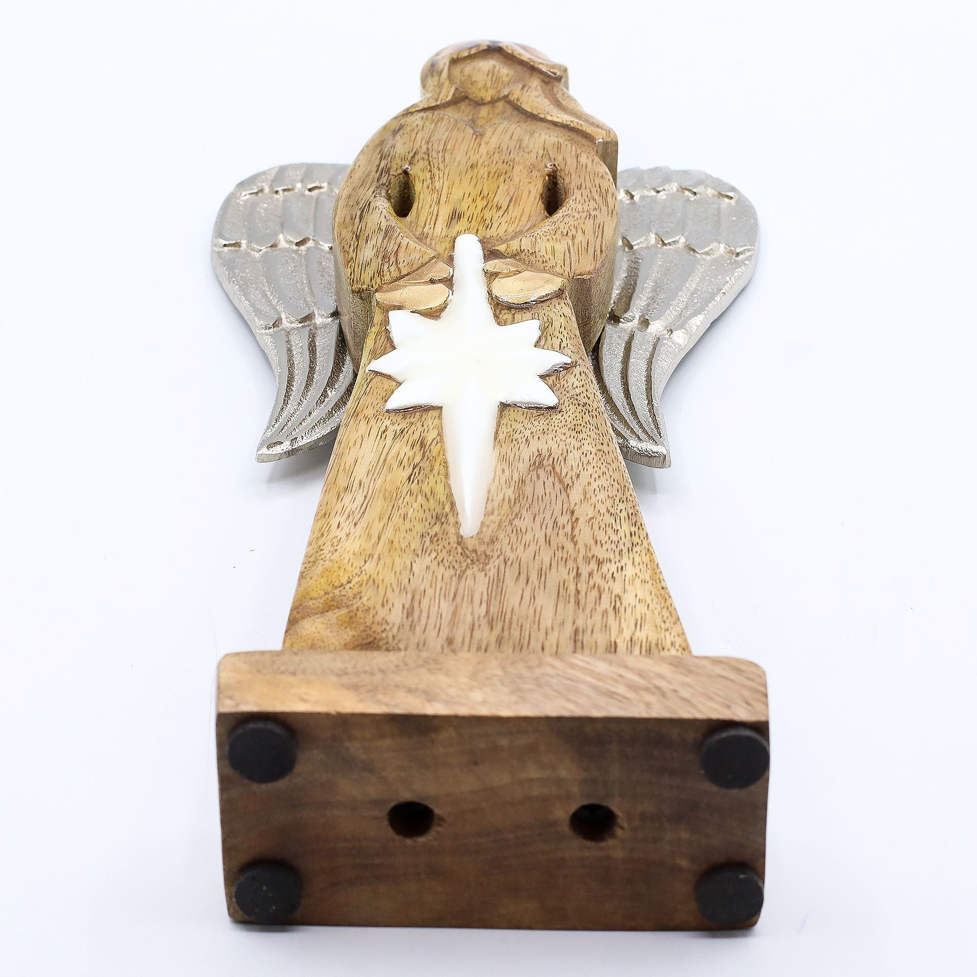 Large Mango Wood Peace Angel with Metal Wings and Enamel Detail