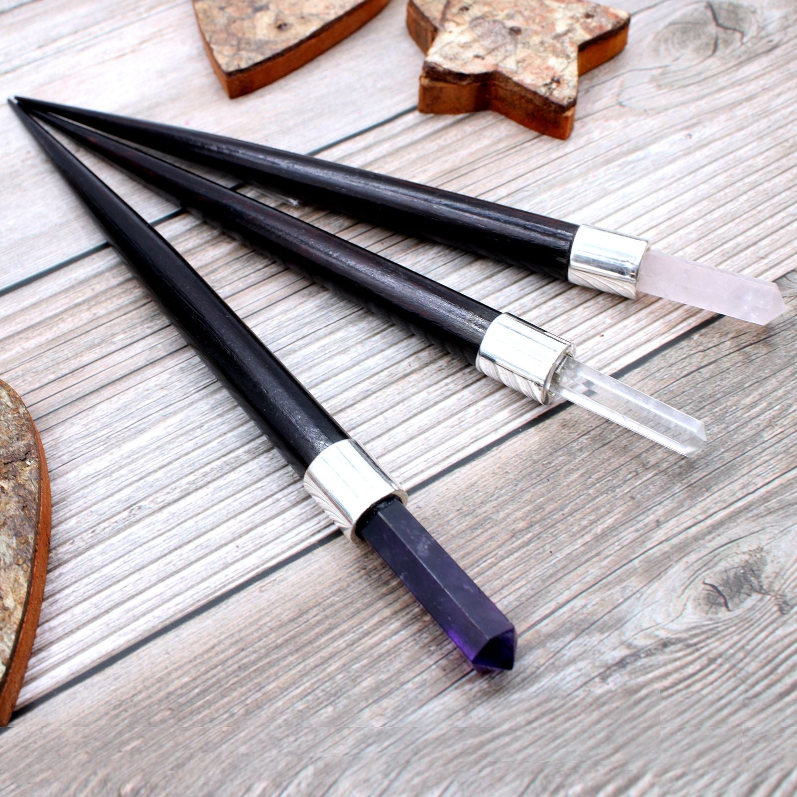 Simple Pointed Healing Wand with Rose Rock and Amethyst Crystal