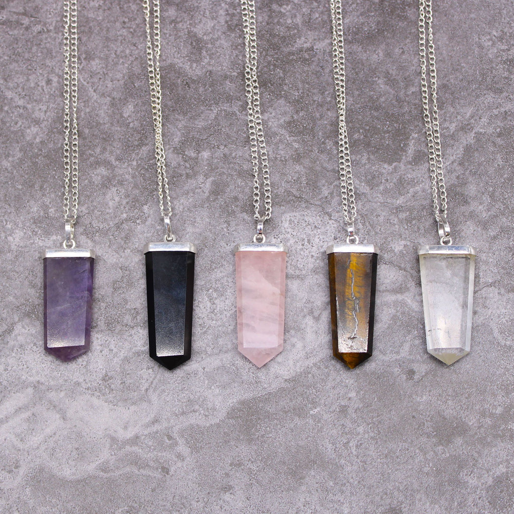 Gemstone Flat Pencil Pendant Necklace with Amethyst Design