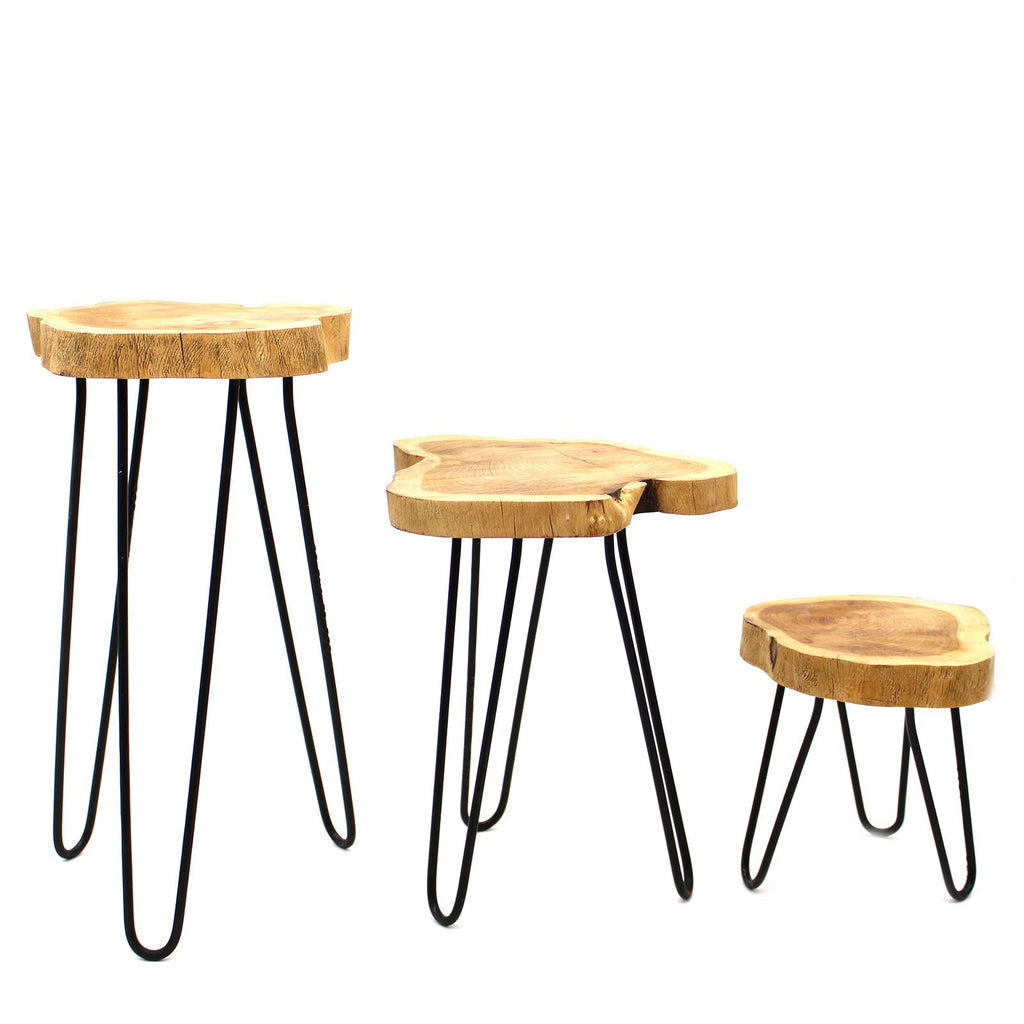 Set of 3 Natural Gamal Wood Plant Stands with Hairpin Legs
