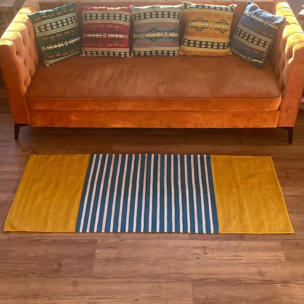 Indian Cotton Rug in Yellow and Blue 70x170cm for Home Decor