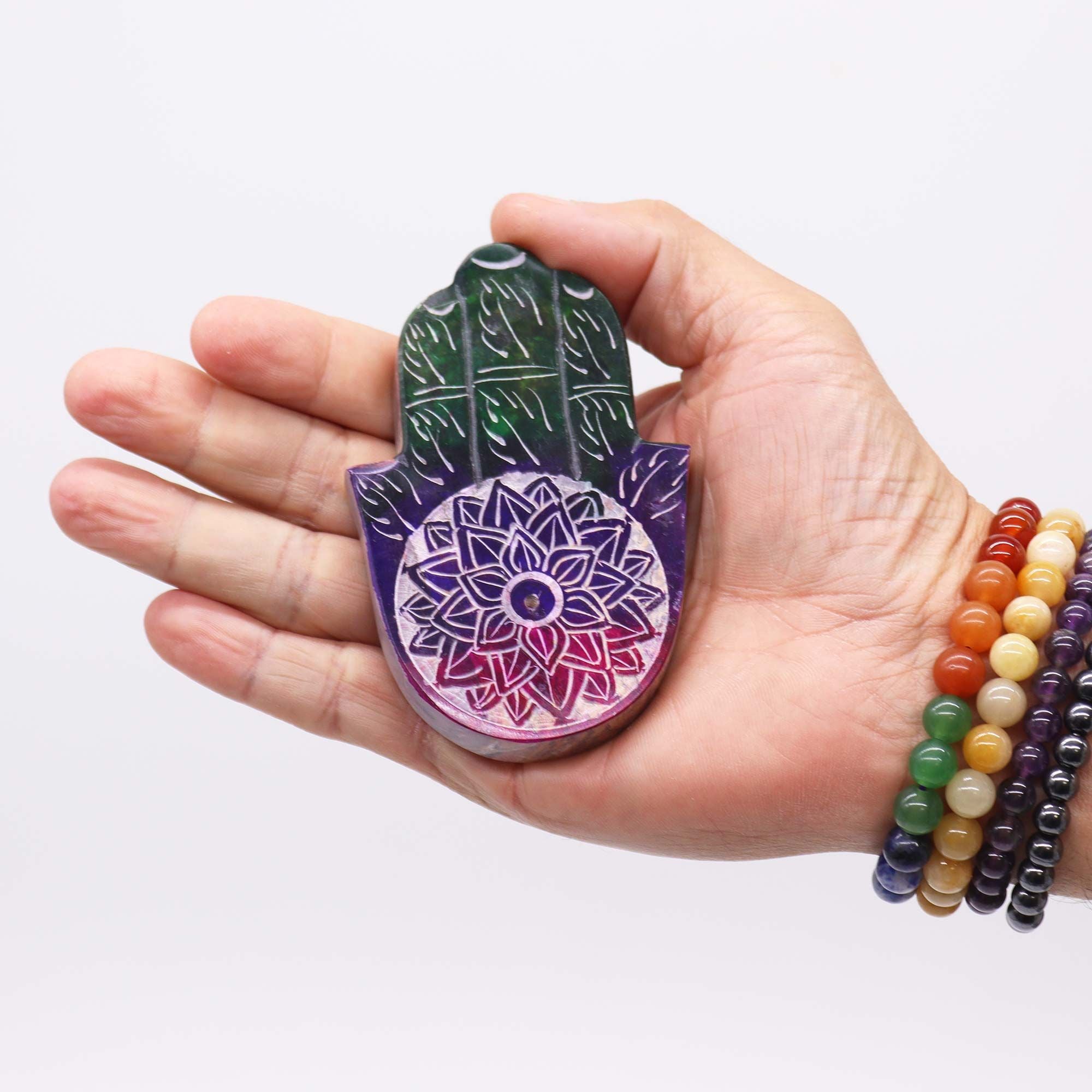 Soapstone Hamsa Incense Holder with Lotus Flower Design