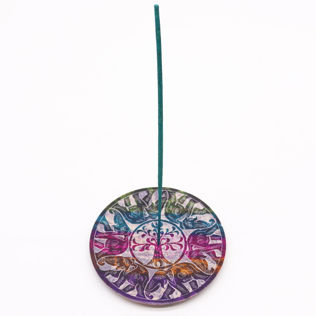 Soapstone Disc Incense Holder with Six Lucky Elephants Design