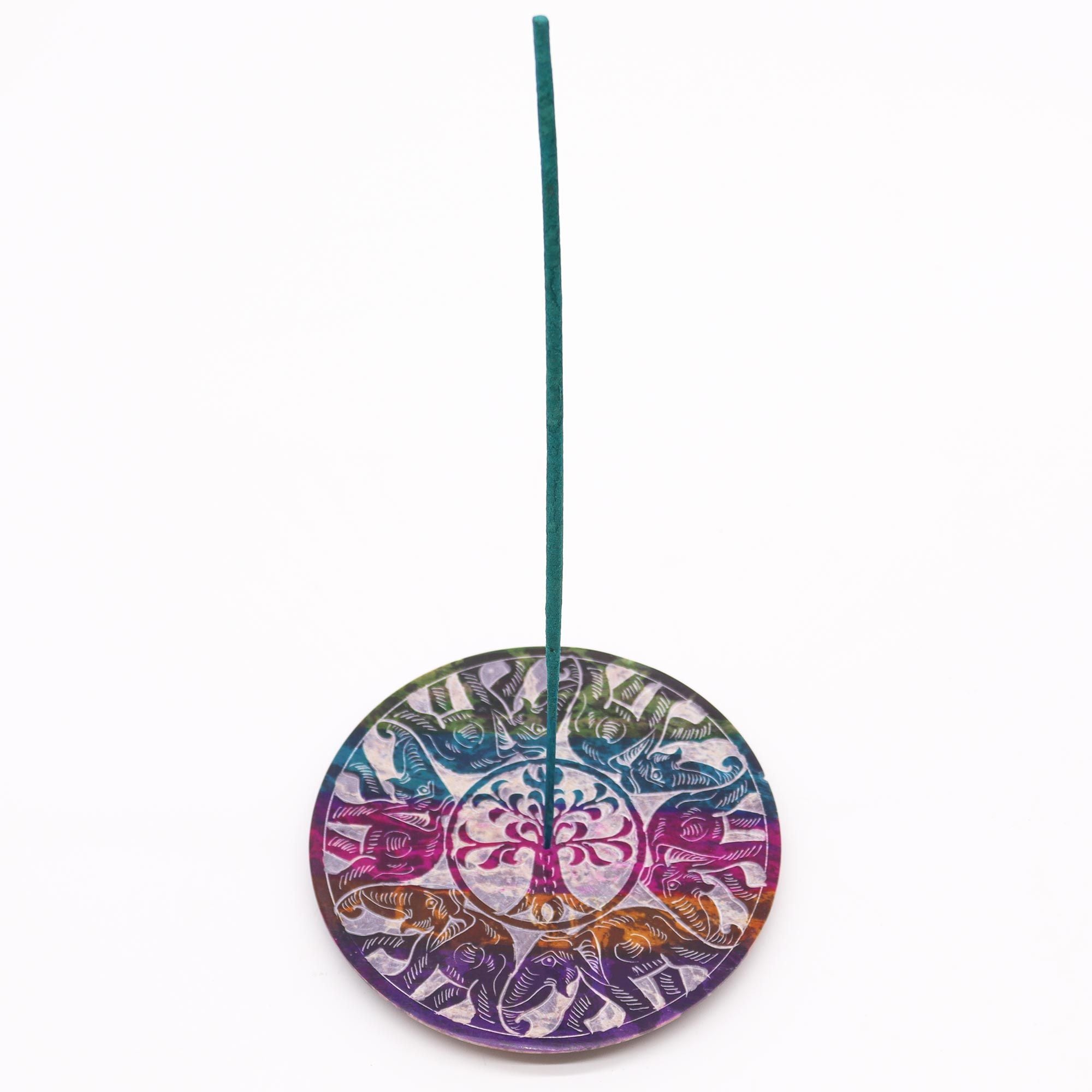 Soapstone Disc Incense Holder with Six Lucky Elephants Design