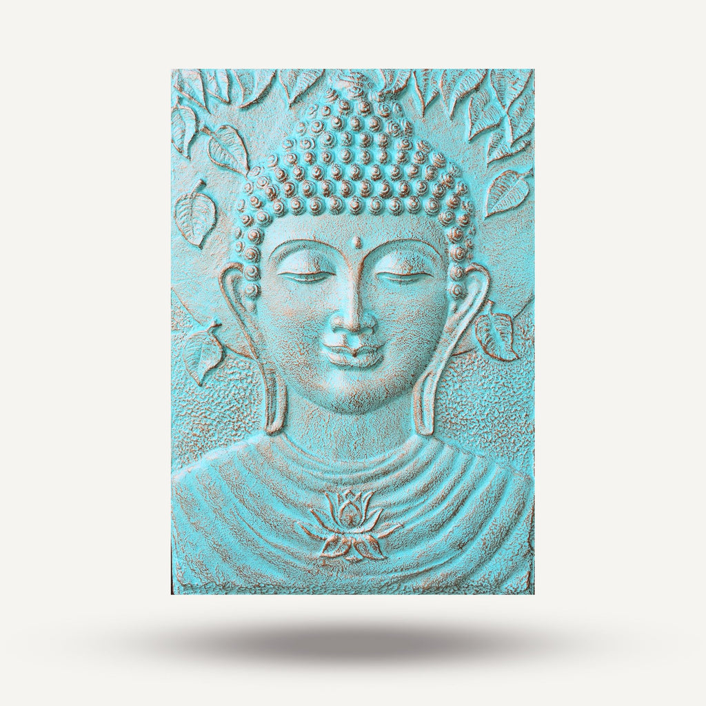 Large Buddha Iron Frame Turquoise Relief Artwork 0.7x1m