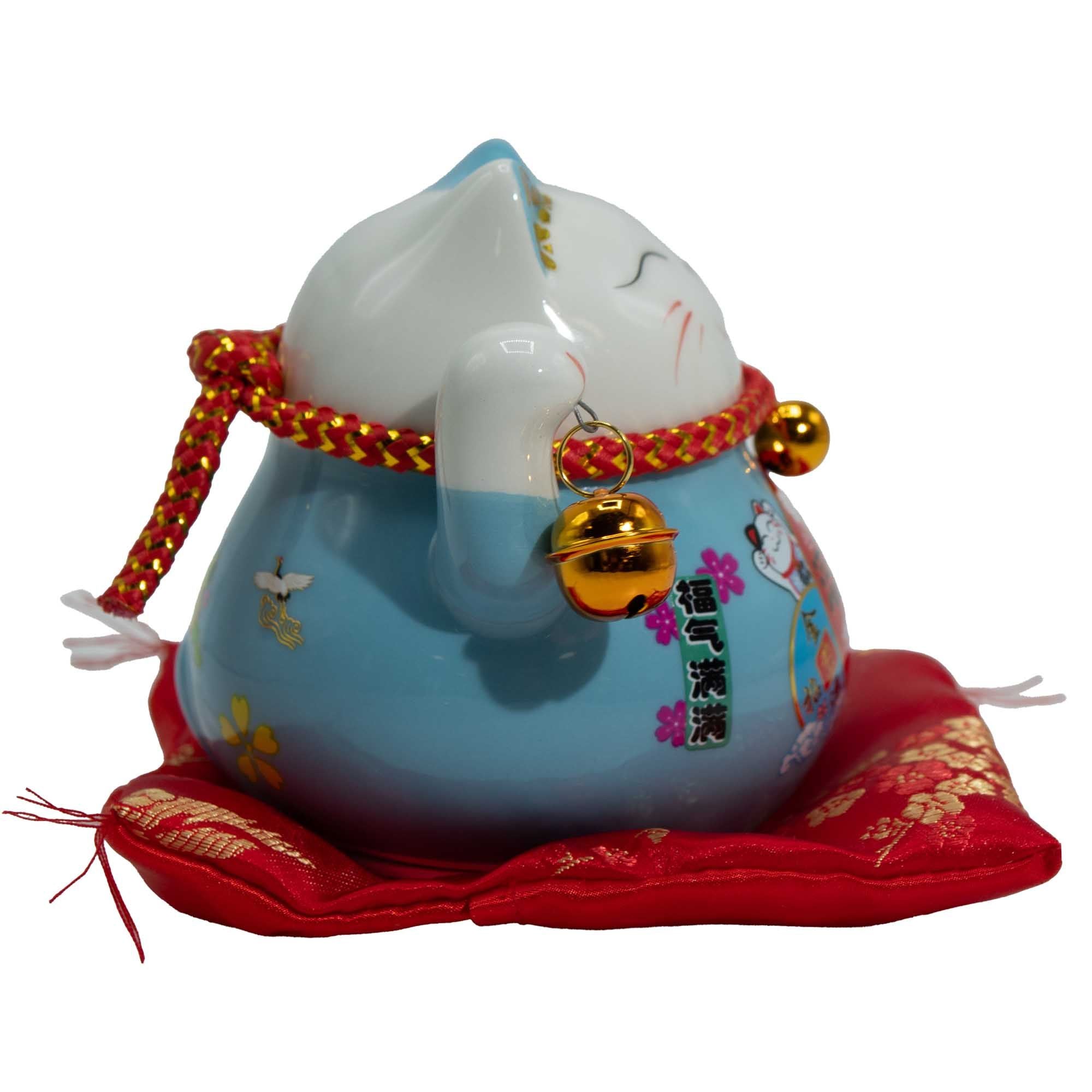Ceramic Money Cat with Moving Hand Blue on Cushion for Good Luck