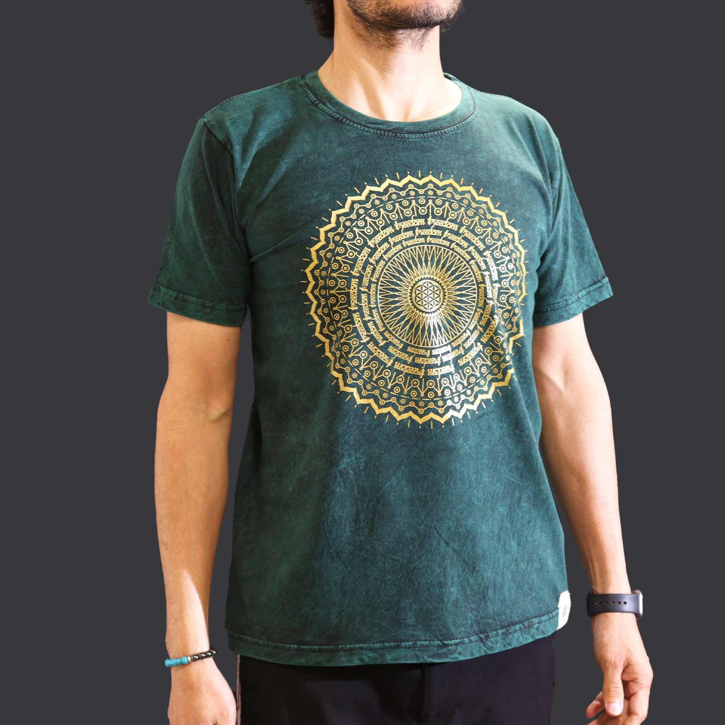 Nomad Sari Stonewashed Cotton T Shirt with Mandala Design Green