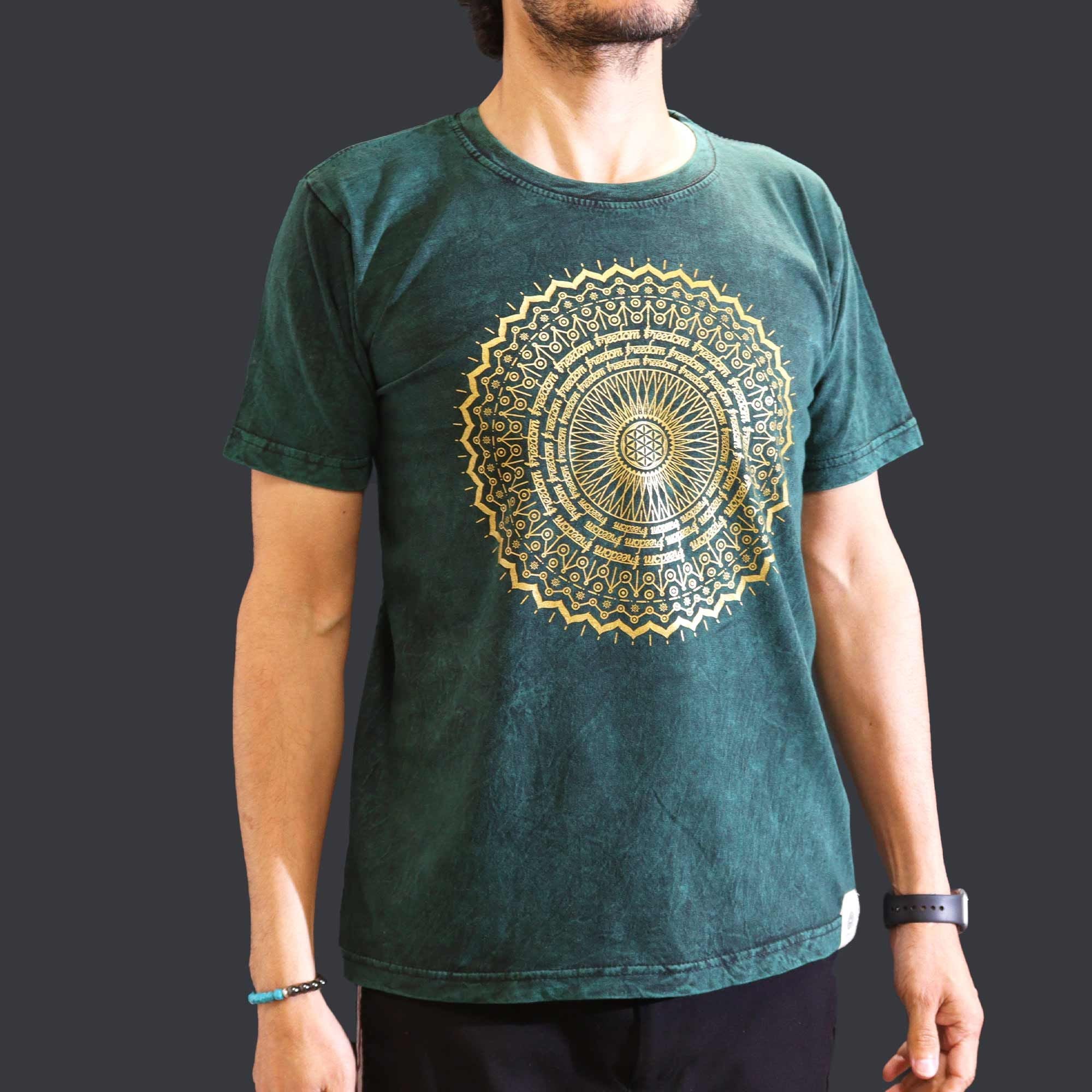 Nomad Sari Stonewashed Cotton T Shirt with Mandala Design Green