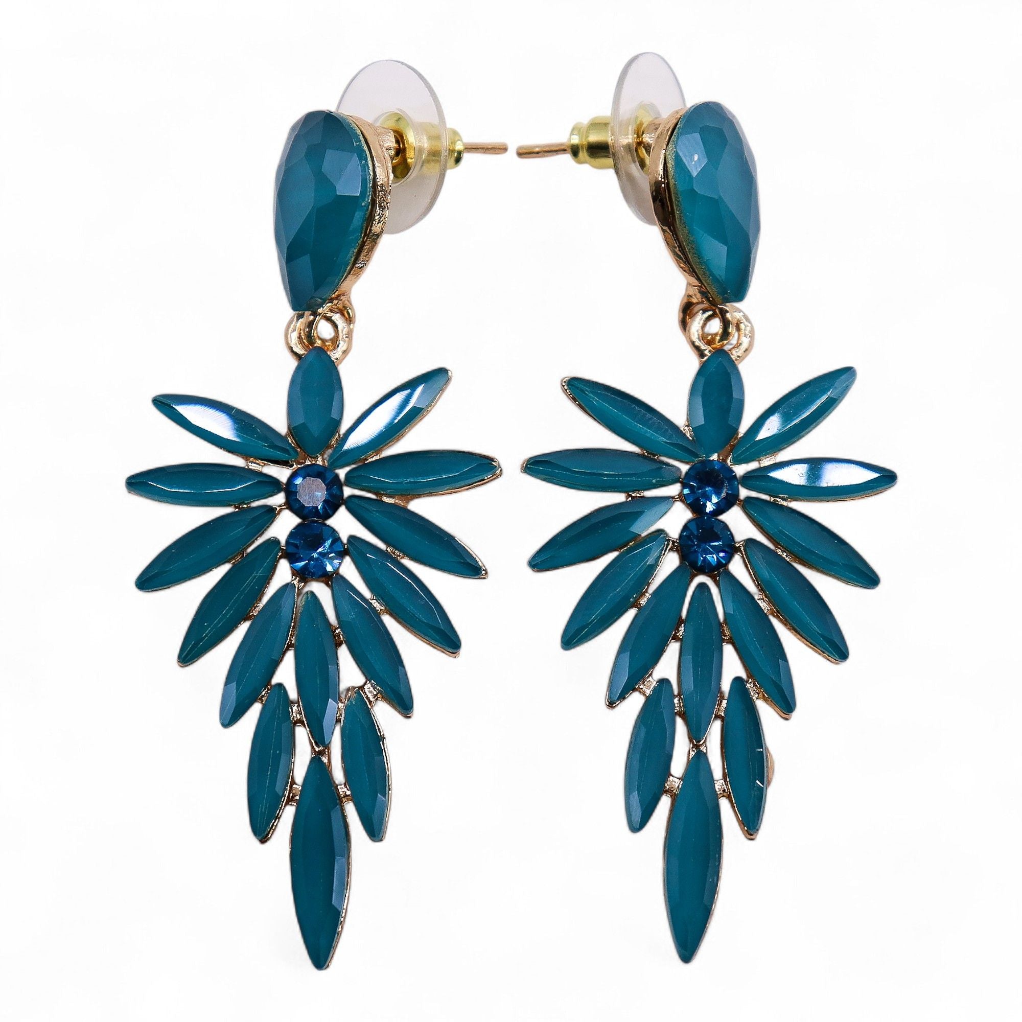 Teal Green Vintage Glass Long Drop Earrings for Elegant Style