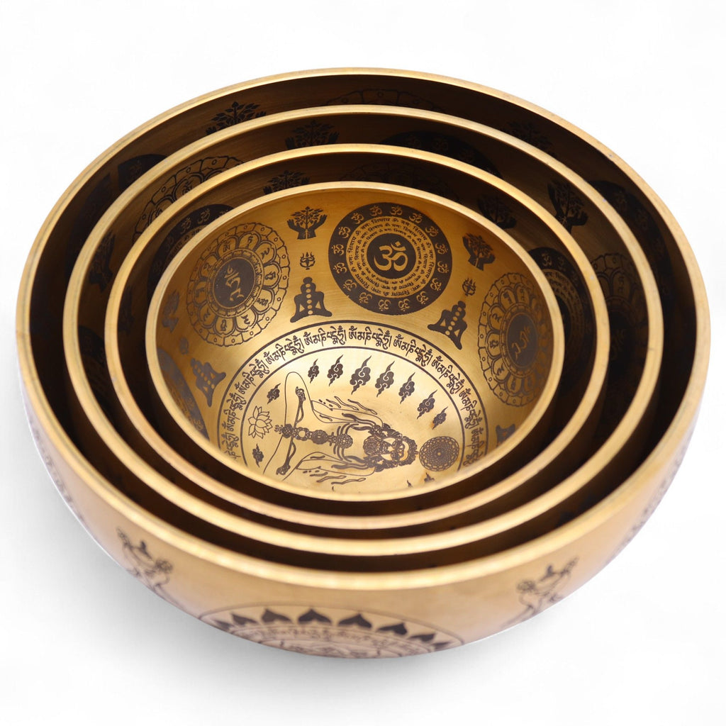 Pure Brass Etched Yogi Set of 4 Singing Bowls for Meditation