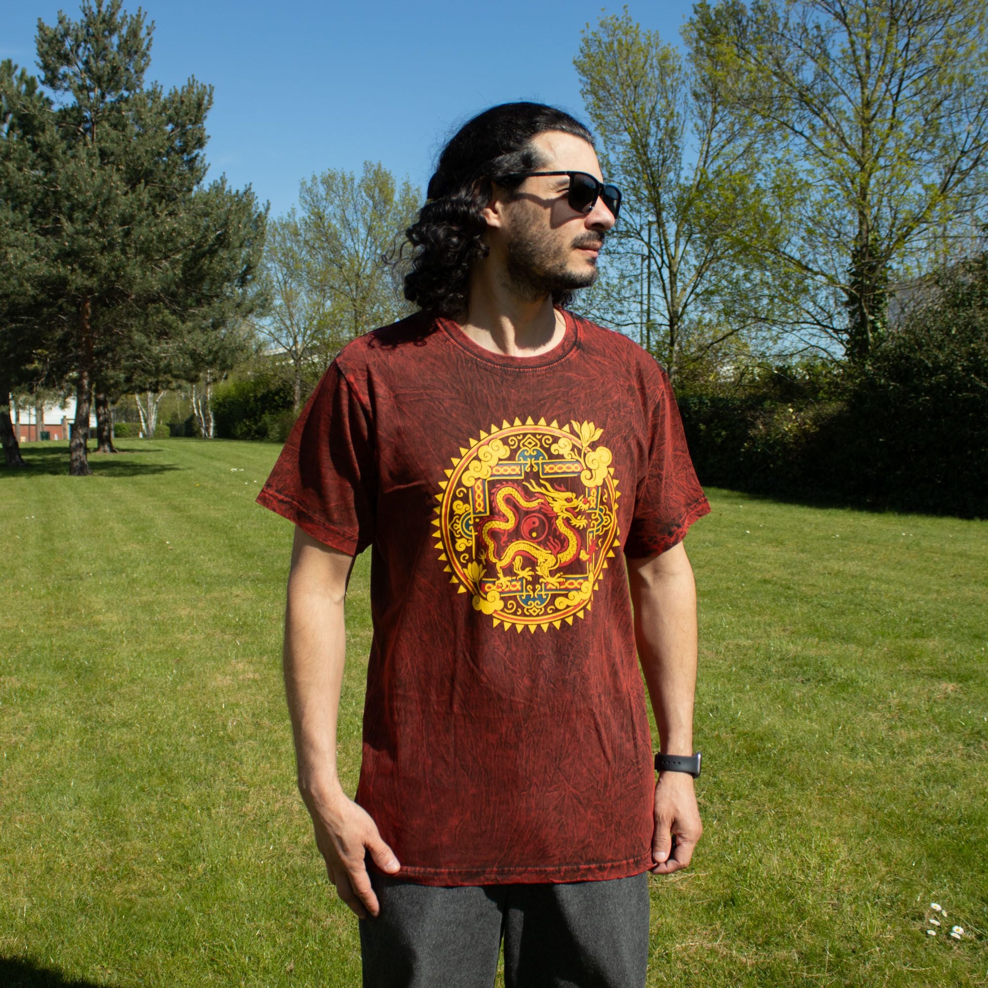 Nomad Sari Stonewashed Cotton T Shirt with Dragon Mandala Design