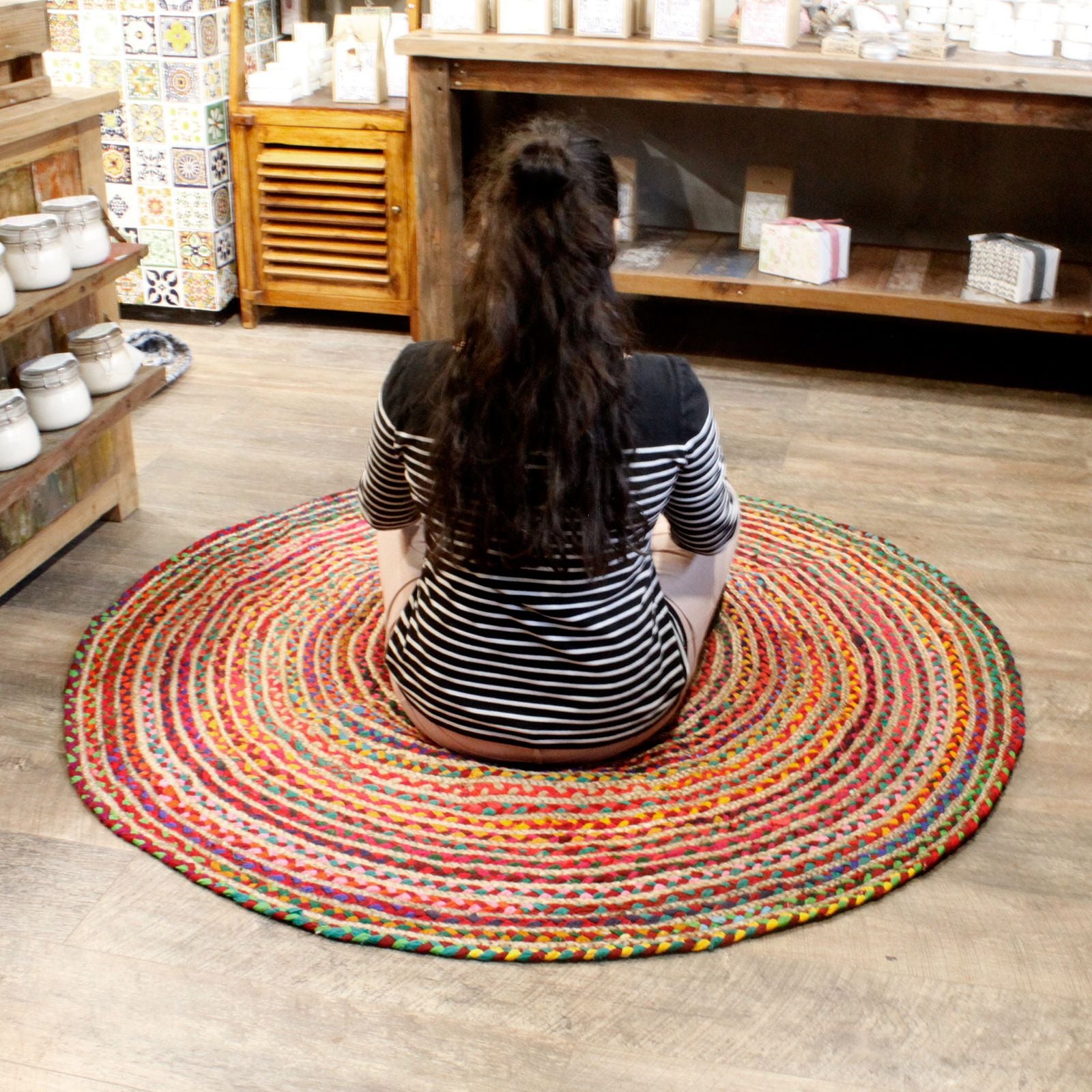 Round Jute and Recycled Cotton Rug 150 cm for Stylish Living Areas