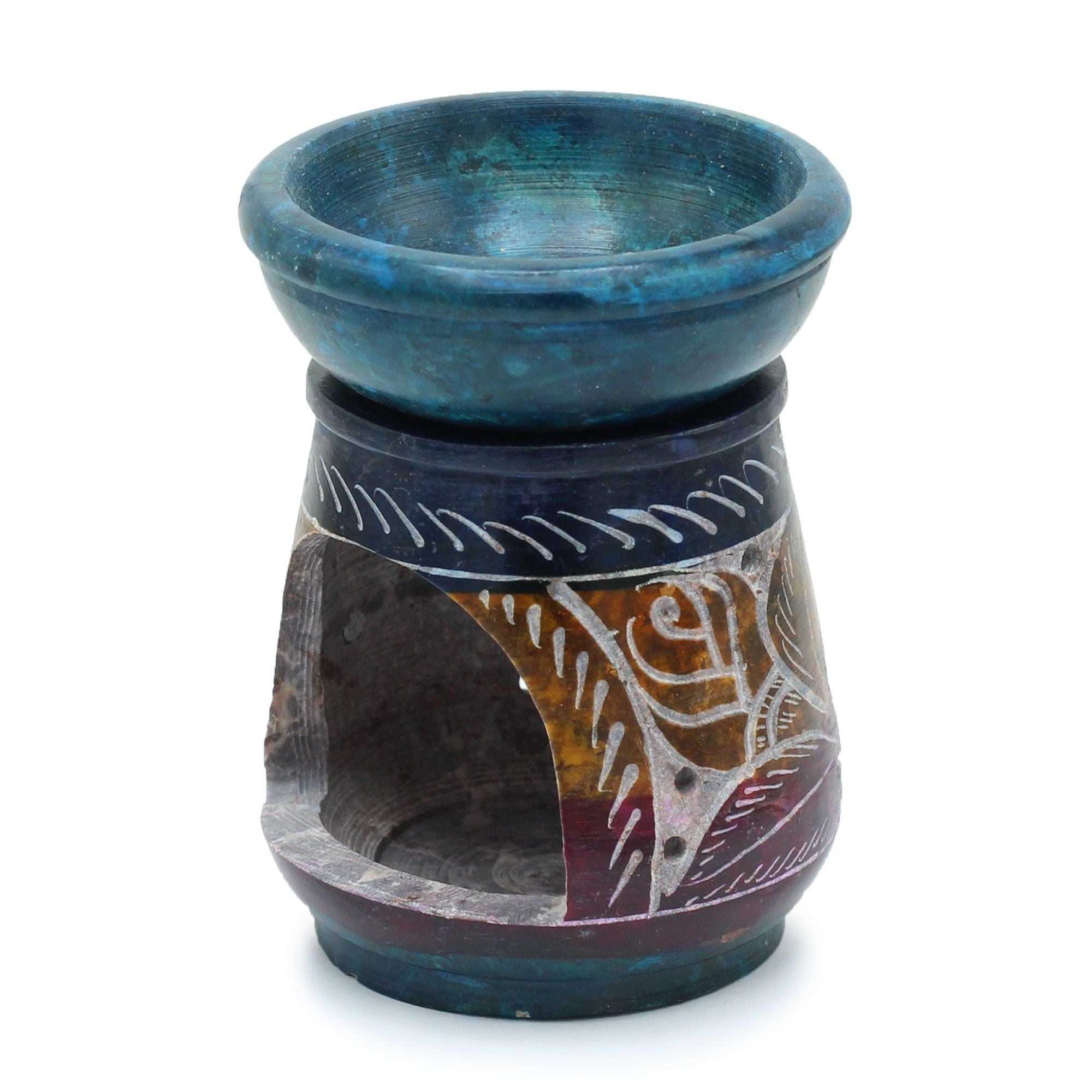 Small Coloured Soapstone Oil Burner 8cm with Floral Design