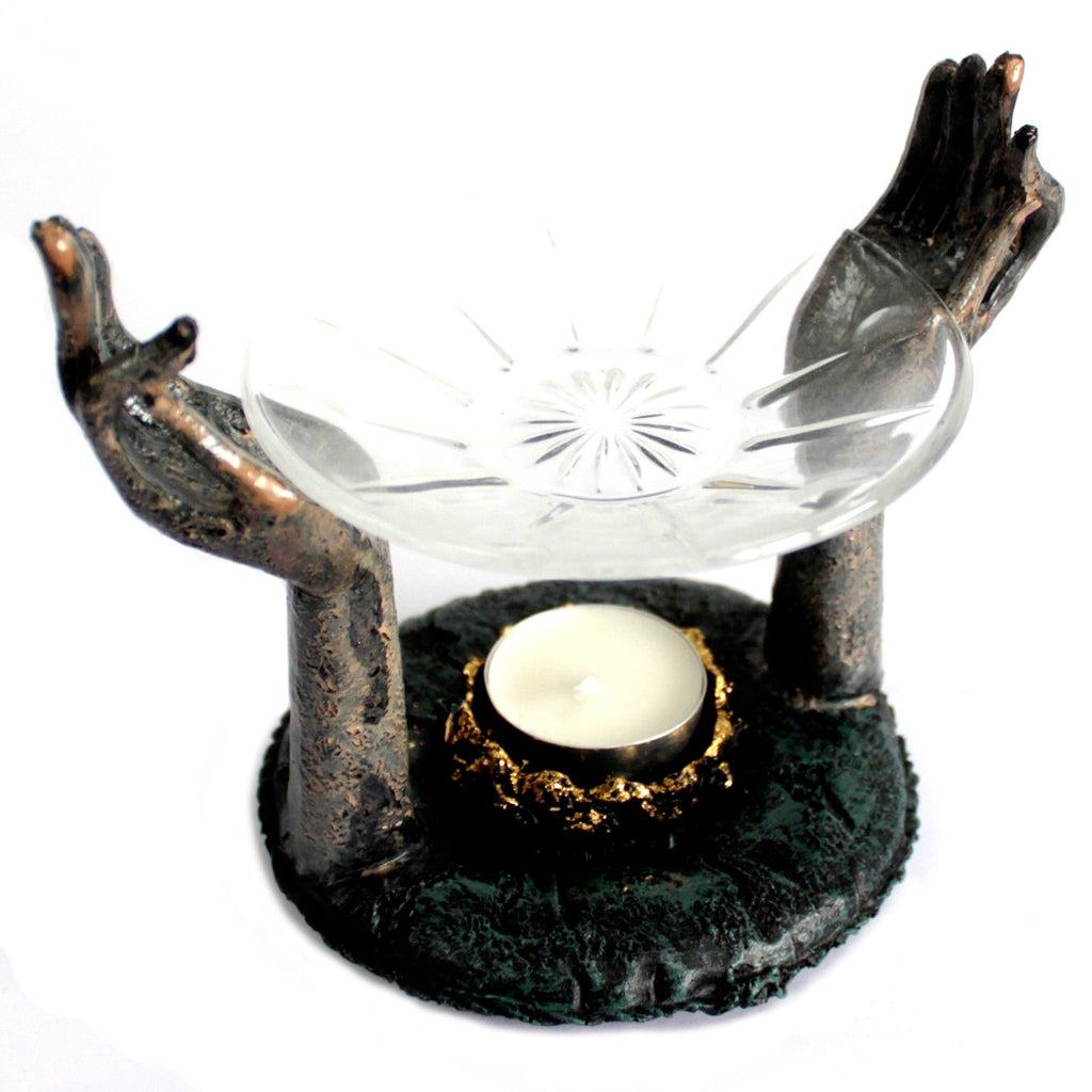 Antique Buddha Om Hands Oil Burner for Calm Home Decor and Relaxation