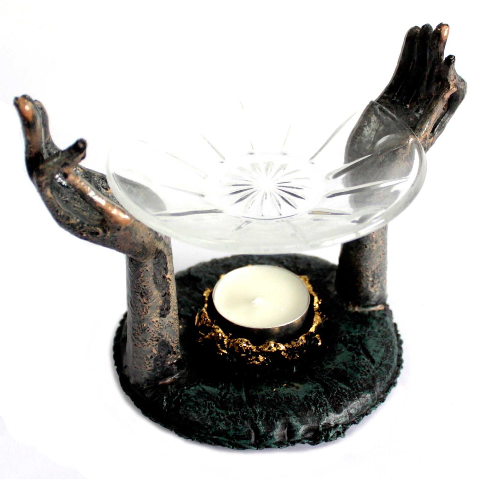 Antique Buddha Om Hands Oil Burner for Calm Home Decor and Relaxation