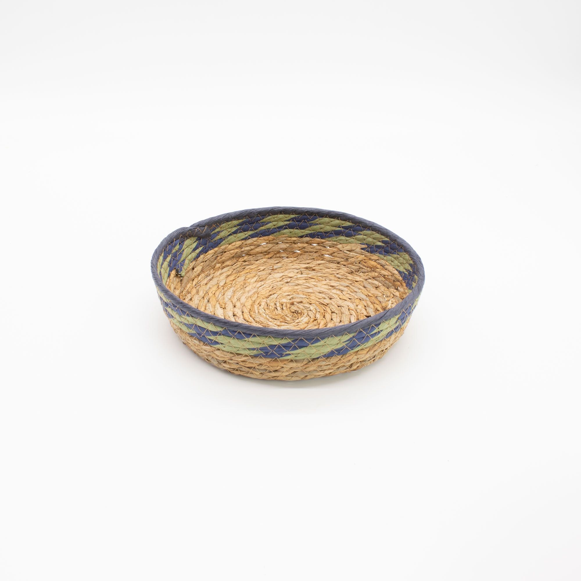 Straw and Seagrass Tray Baskets Set of 3 in Natural Green and Blue
