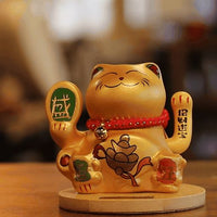 Solar Powered Japanese Lucky Cat on Wooden Base – Gold