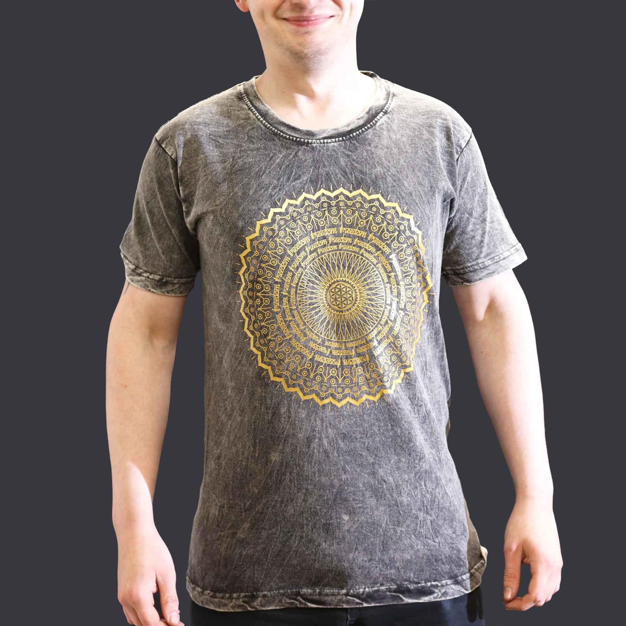 Nomad Sari Stonewashed Cotton T Shirt with Mandala Design Grey