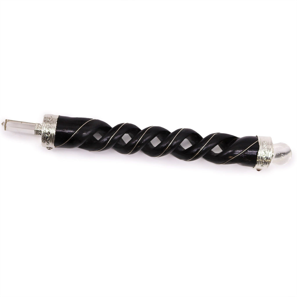 Wooden Healing Stick with Spiral Carving and Quartz Sphere Detail