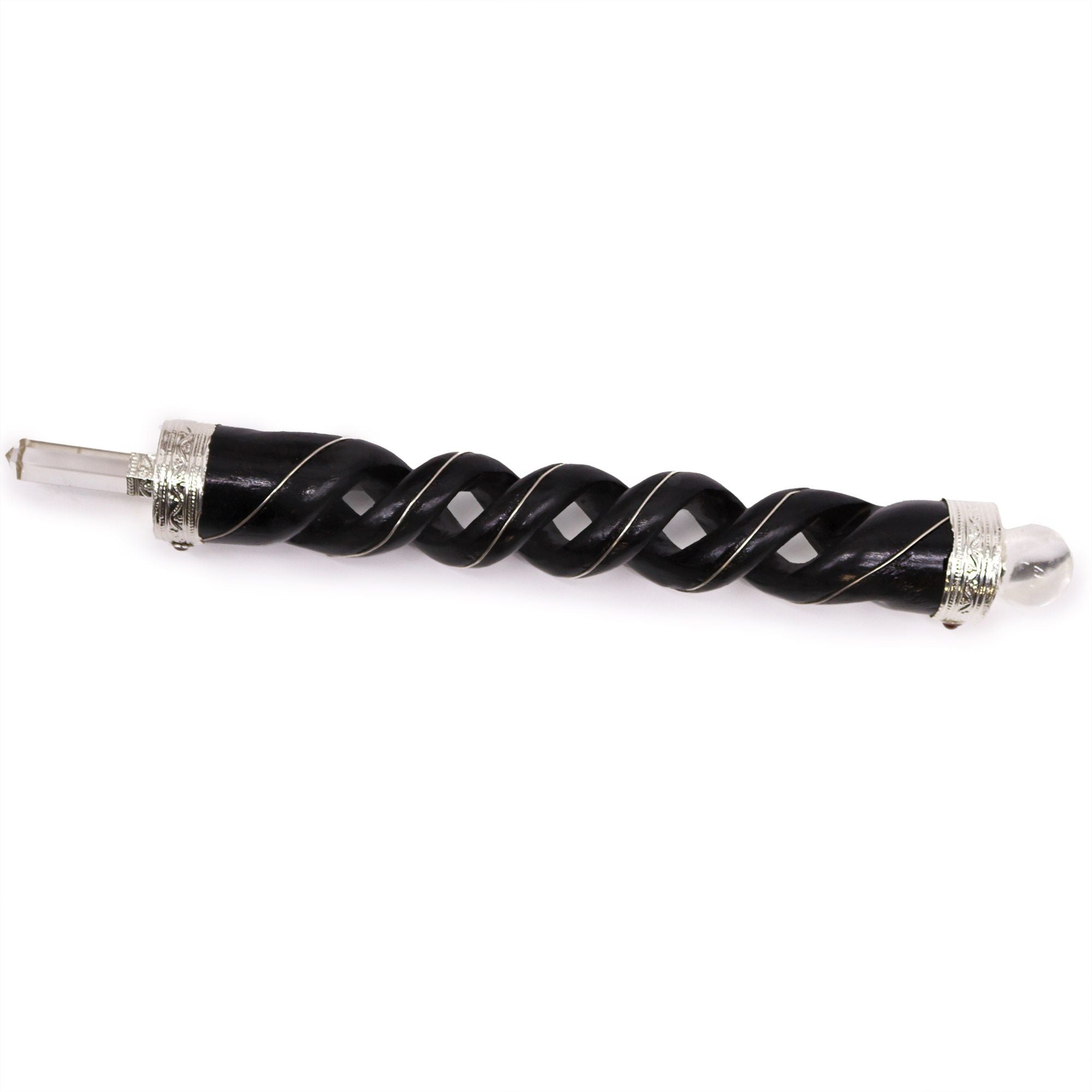 Wooden Healing Stick with Spiral Carving and Quartz Sphere Detail
