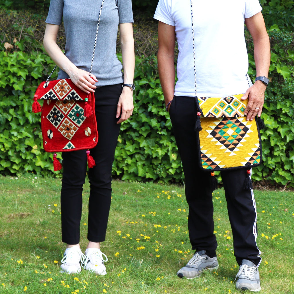 Yellow Kilim Messenger Festival Bag with Vibrant Patterns