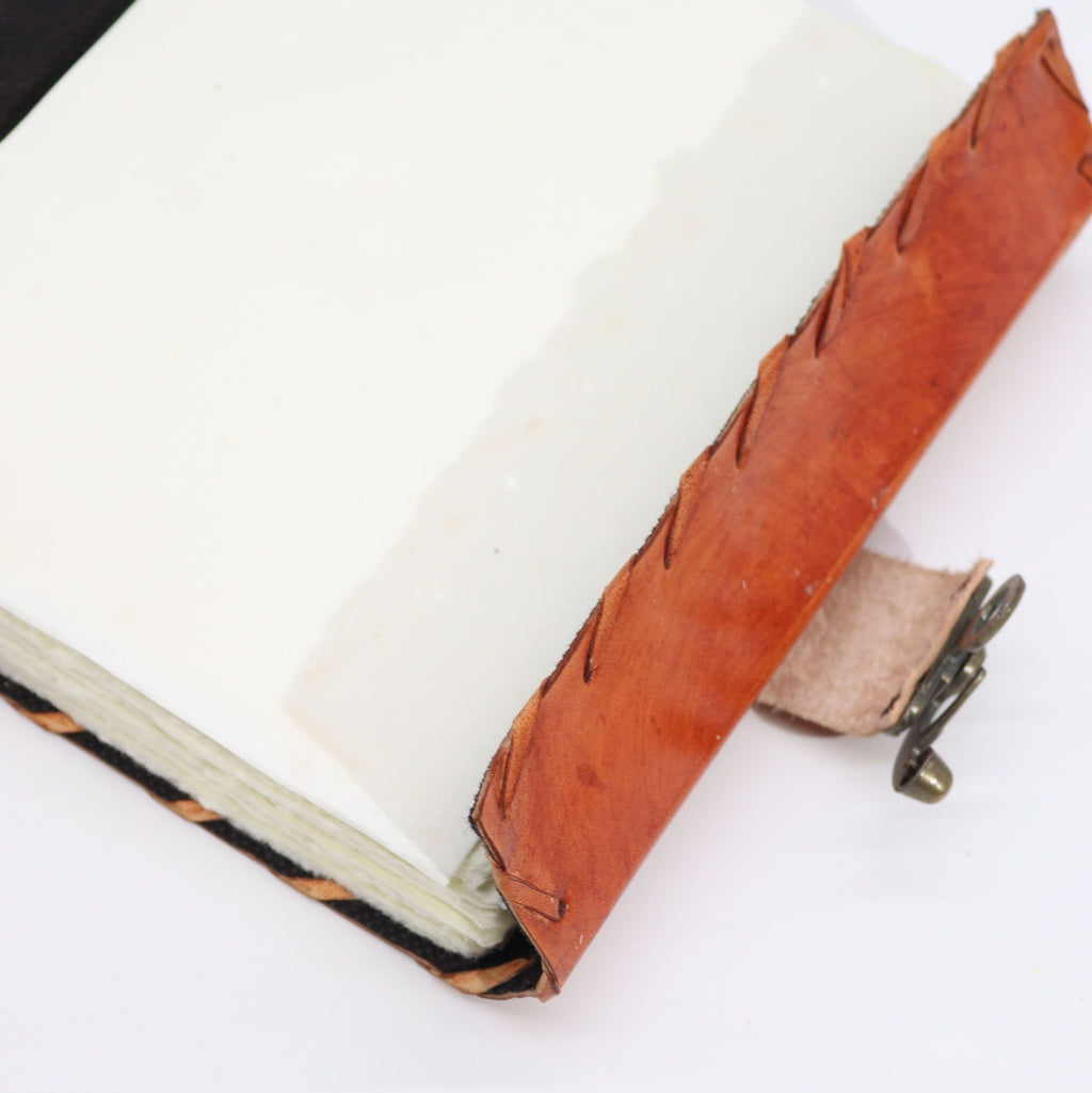 Light Brown Tan Leather Notebook with Evil Eye Decor and Pages