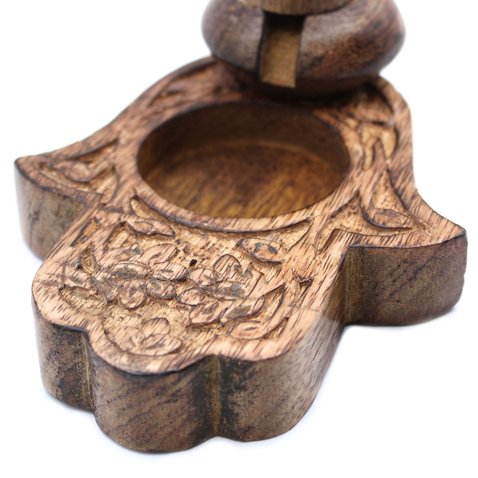 Small Mango Wood Backflow Burner Hamsa with Intricate Design Details