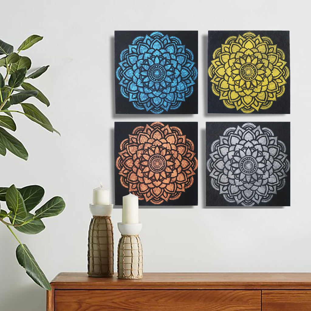 Set of 4 Mandala Brocade Detail Buddha Paintings 30x30cm Each
