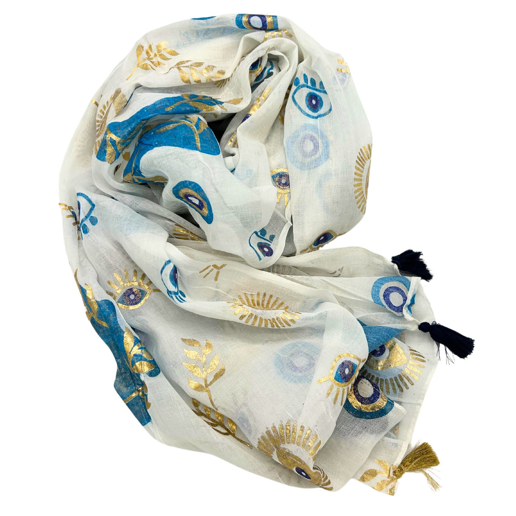 Nomad Sari Pareo in White Blue Gold Evil Eye Print for Summer Style