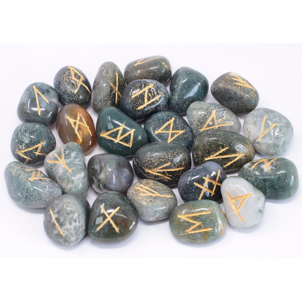 Moss Agate Runes Stone Set in Pouch for Divination and Decor