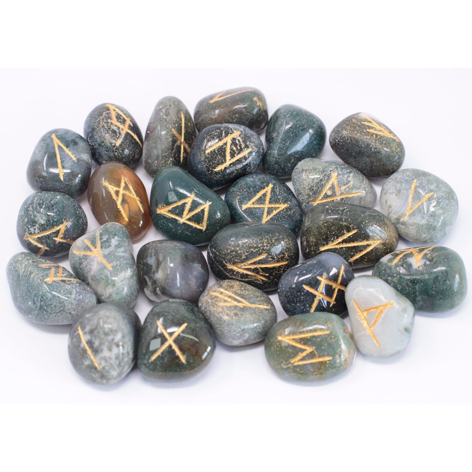 Moss Agate Runes Stone Set in Pouch for Divination and Decor