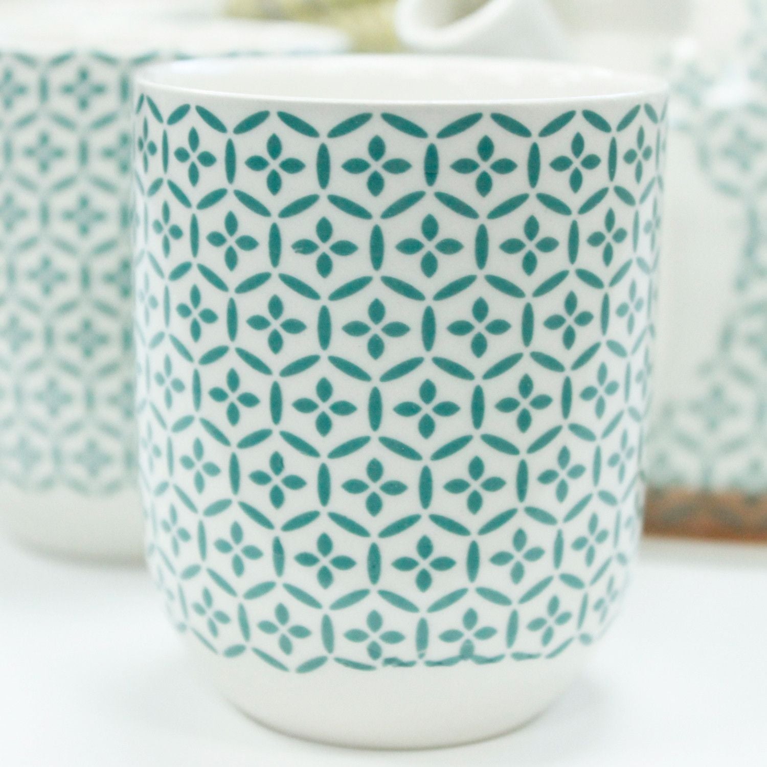 Herbal Teapot Set Green Mosaic with Matching Cups for Tea Lovers