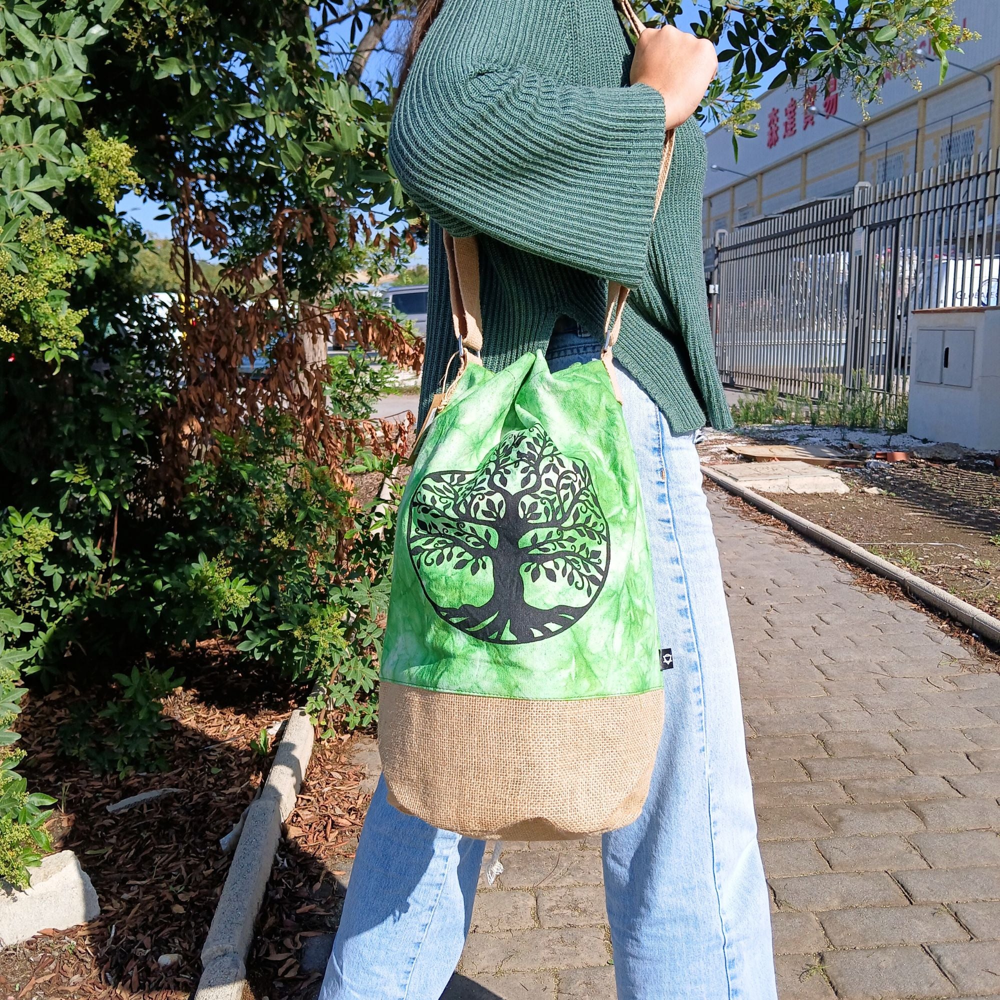 All Natural Backpack Green Stonewash with Tree of Life Design