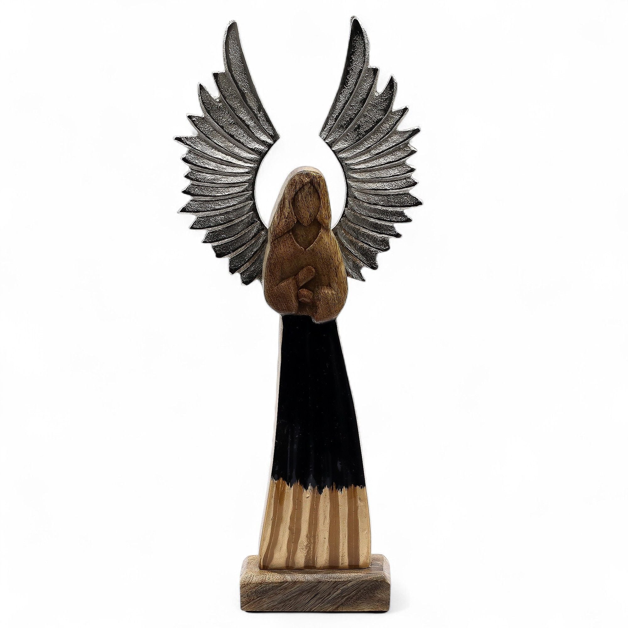 Large Mango Wood Guardian Angel with Metal Wings & Enamel Detail