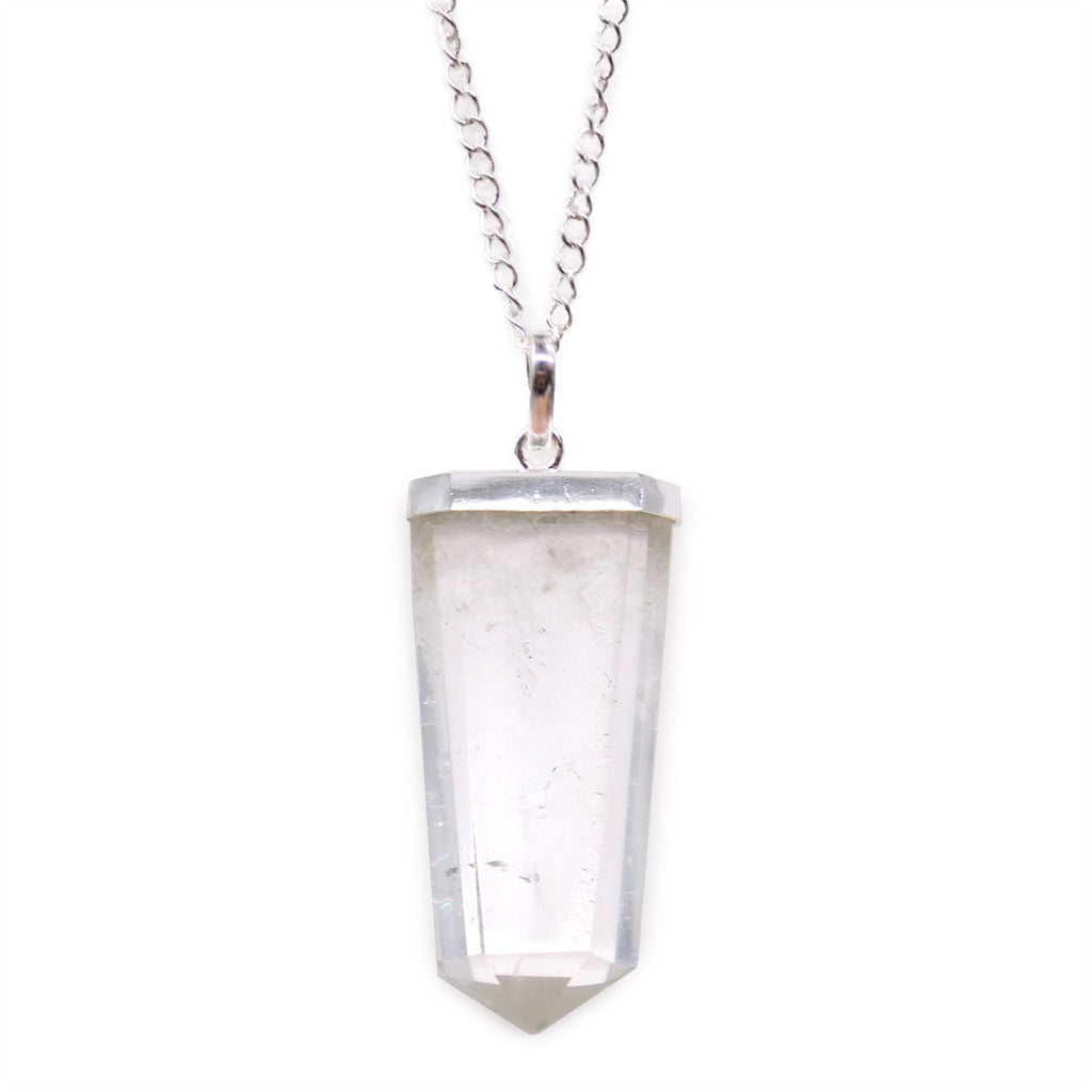 Gemstone Flat Pencil Pendant in Rock Quartz with Silver Chain