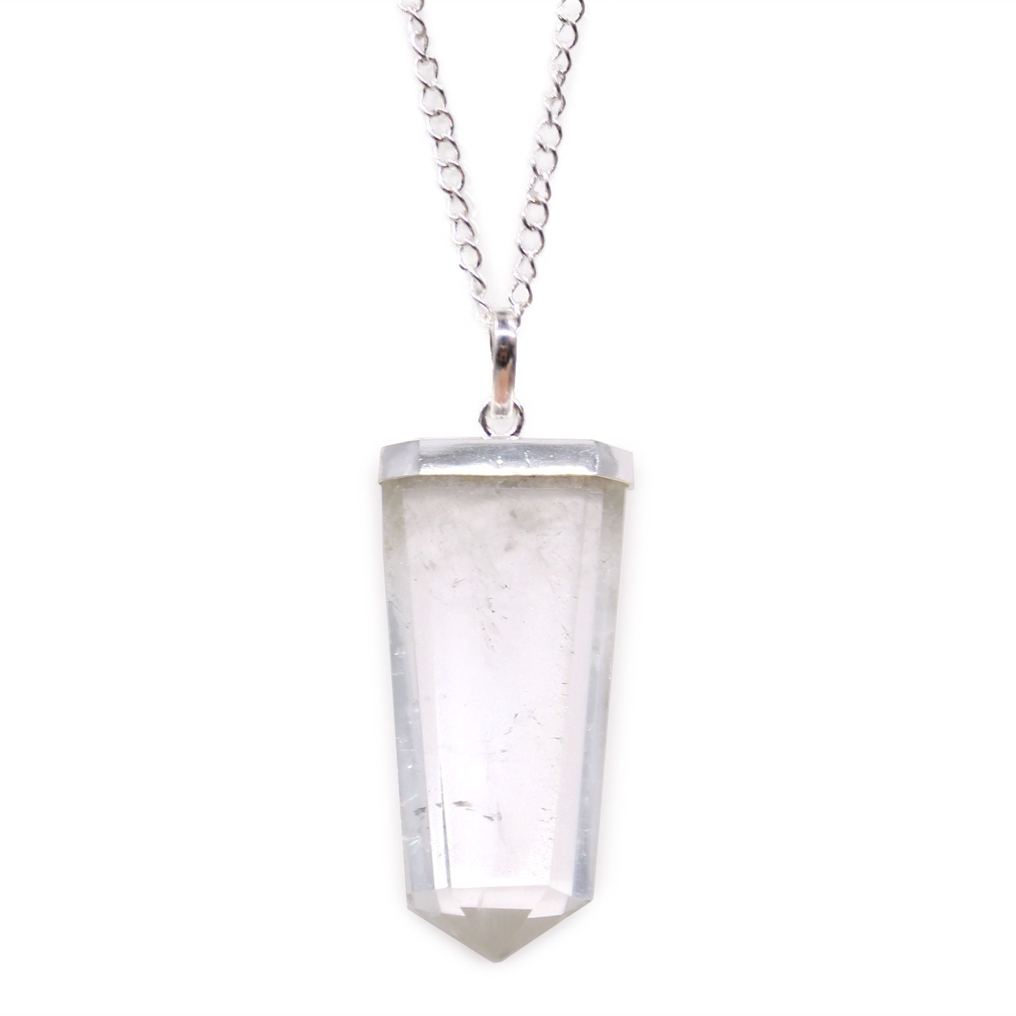 Gemstone Flat Pencil Pendant in Rock Quartz with Silver Chain