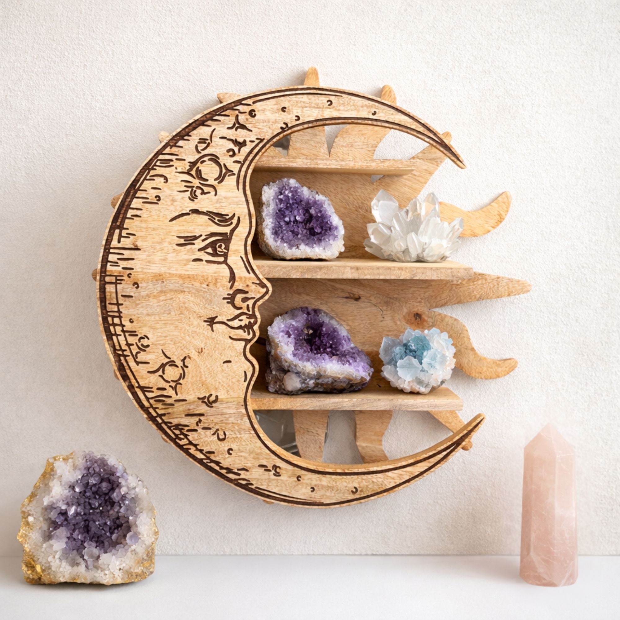 Sunrays & Moon 3 Tier Wall Shelf for Celestial Home Decor
