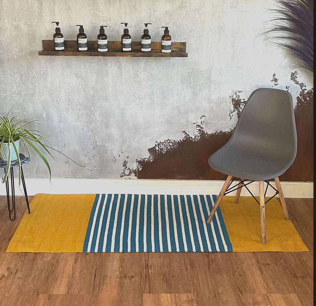 Indian Cotton Rug in Yellow and Blue 70x170cm for Home Decor