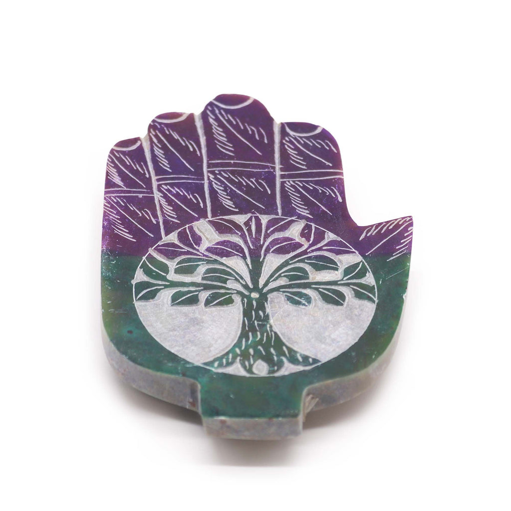 Soapstone Med Hamsa Incense Holder with Tree of Life Design