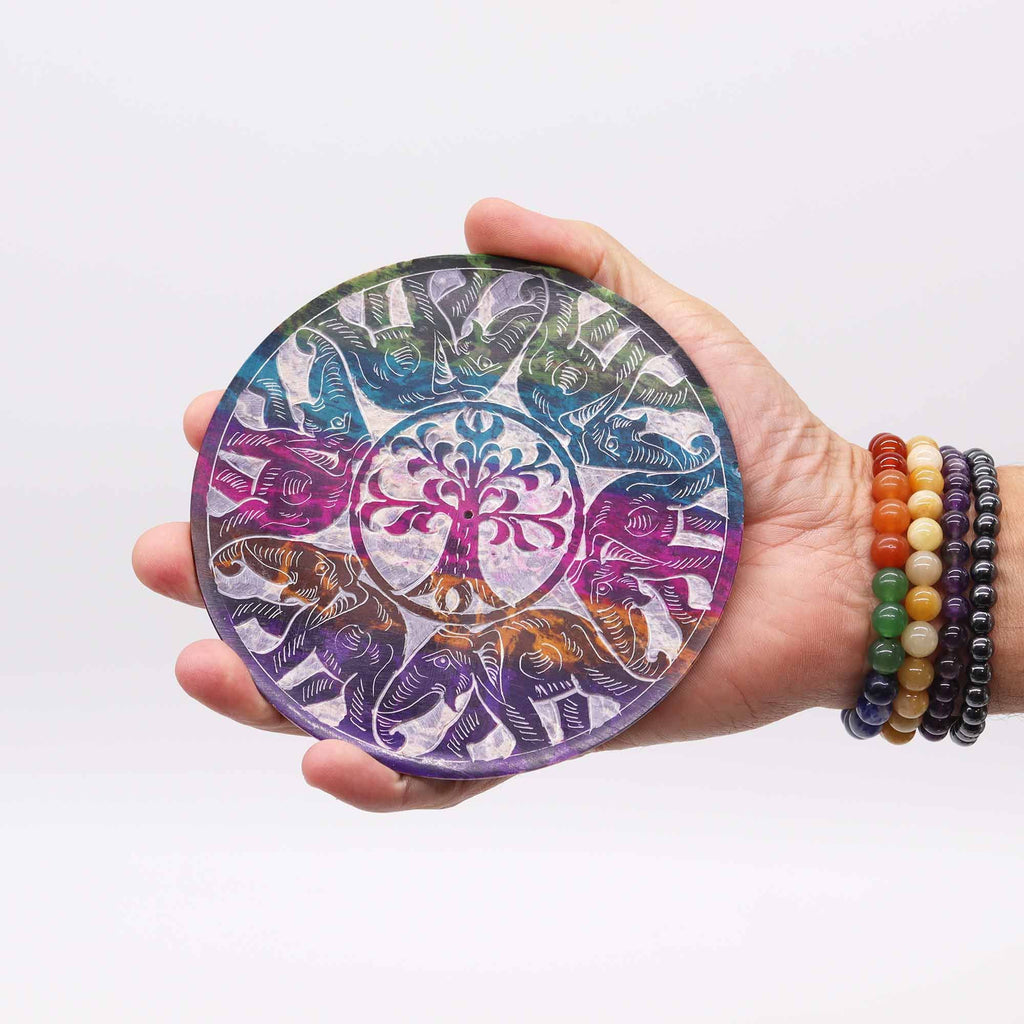 Soapstone Disc Incense Holder with Six Lucky Elephants Design