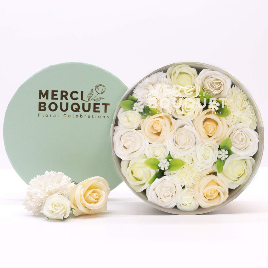 Round Box Wedding Blessings Soap Flowers Gift in White and Ivory